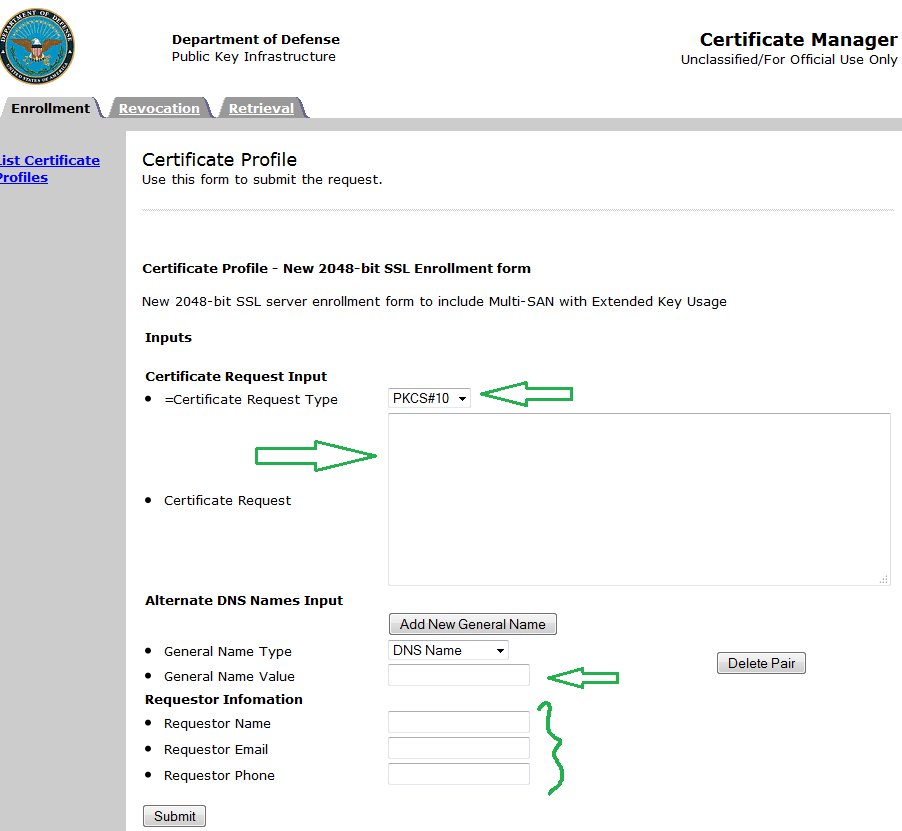 DoD Certificate Manager Profile Page